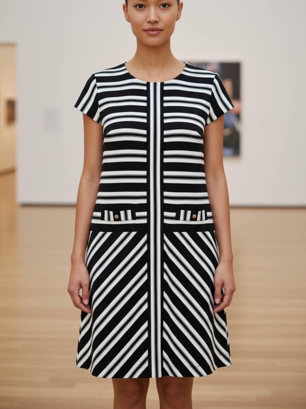 Karl Lagerfeld Black and White Striped Midi Dress size 12